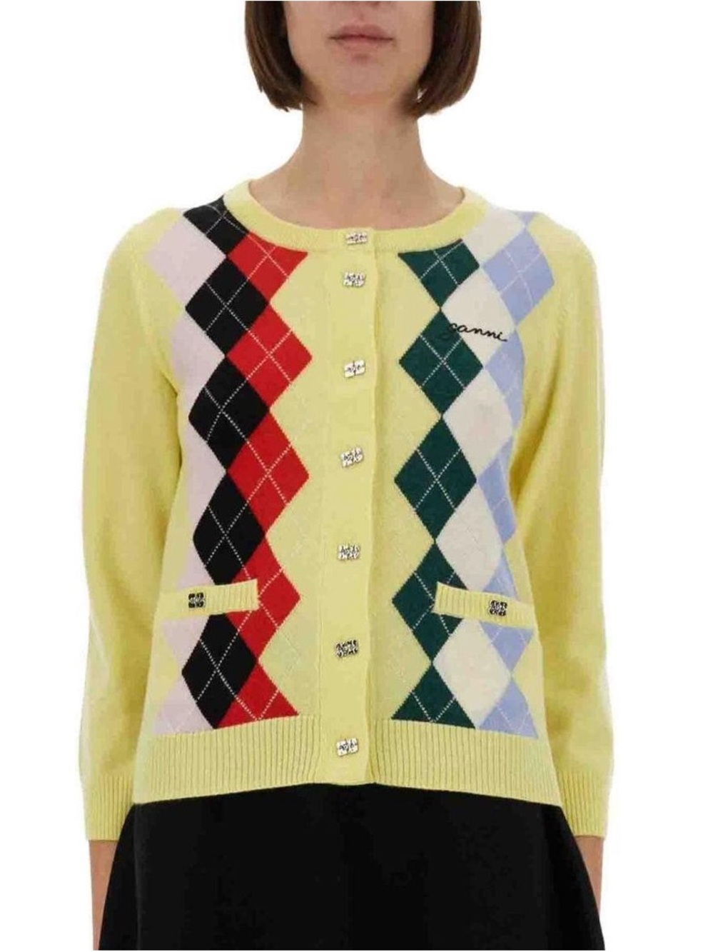 Ganni Butter Yellow Argyle Button-Front Cardigan